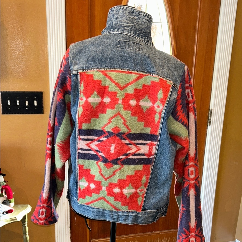 Upcycled Colorful Denim Jacket with Aztec Pattern